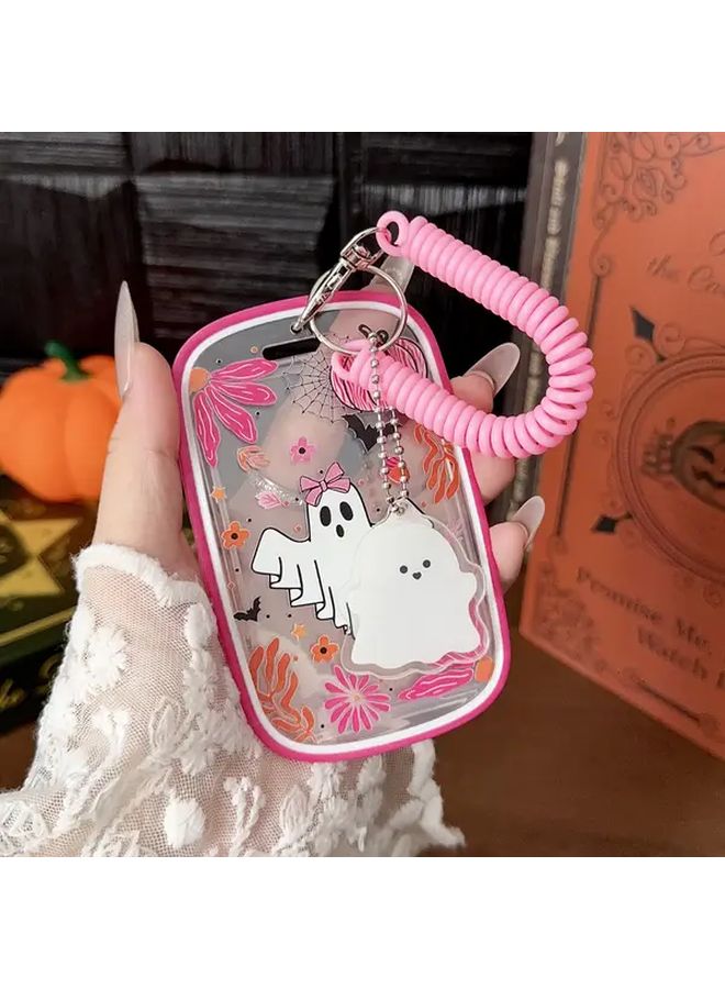 Pink Pumpkin Ghost ID Card Holder Keychain Wallet with Slide Cover - Image 2